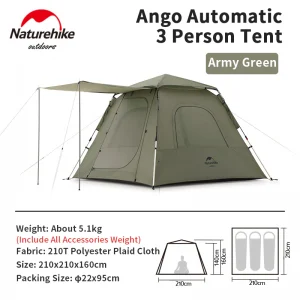 Naturehike Ango3 210T Automatic Tent Aluminum Alloy Bracket Fast Build 3-4 People Camping Family Portable Tent Travel Park 5.1kg
